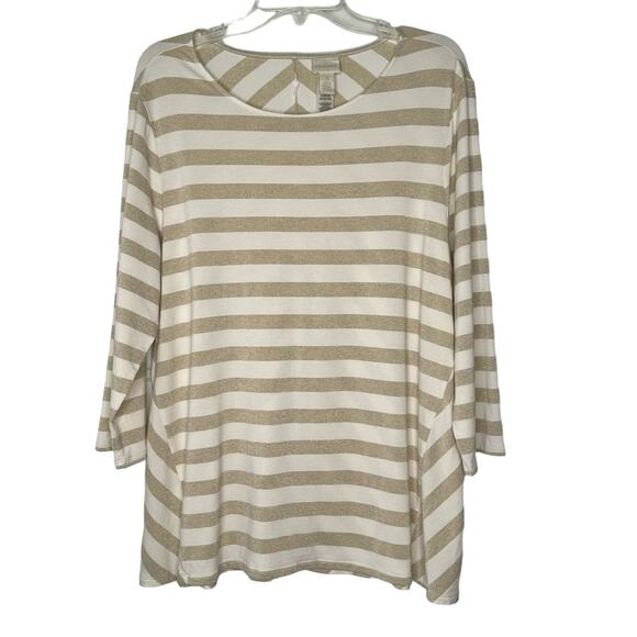 Chico’s Womens LS Cream Gold Metallic Striped Tunic Top Size 3/Large - Picture 1 of 6